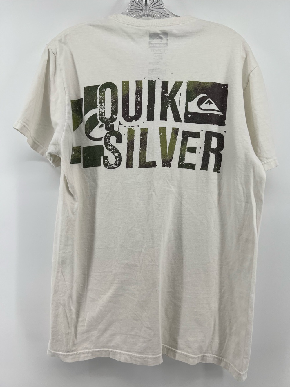 Quicksilver Logo Graphic T-Shirt Mens Med White Green Y2K Skate Surf Back Hit